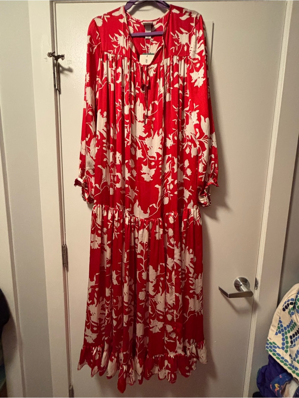 NWT Johanna Ortiz x H&M Red and White Floral Satin Tiered Maxi Dress S - Picture 5 of 12